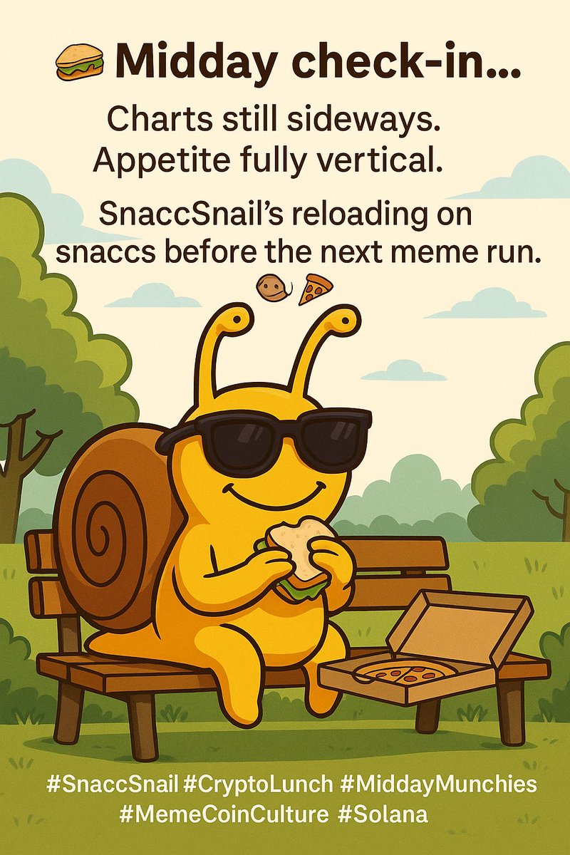 SnaccSnail's tweet image. 🥪 Midday check-in…
Charts still sideways. Appetite fully vertical.
SnaccSnail’s reloading on snaccs before the next meme run. 🐌🍕

Stay fueled, stay slow, stay based.
#SnaccSnail #CryptoLunch #MiddayMunchies #MemeCoinCulture #Solana