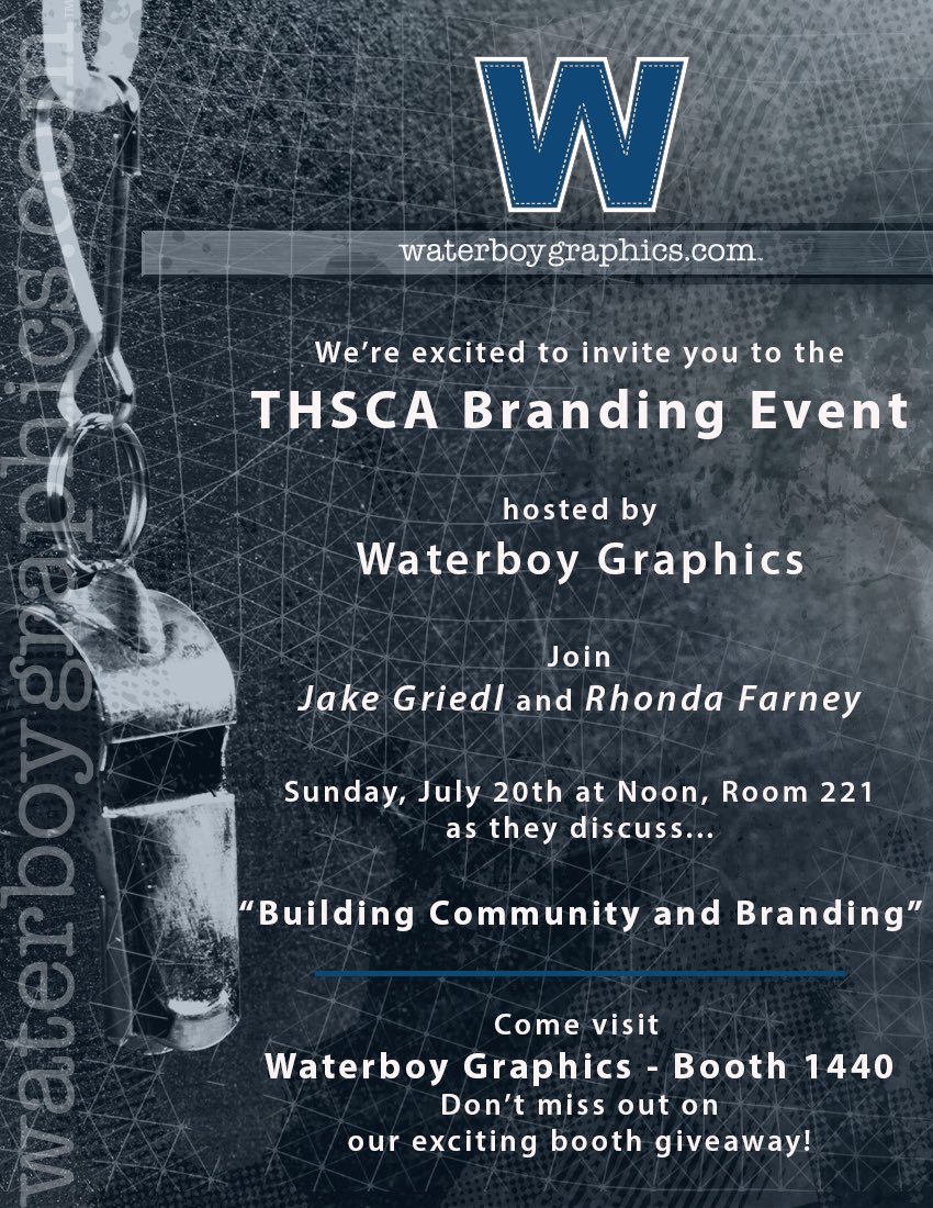 Miles Wallace (@waterboy_miles) on Twitter photo CALLING ALL <a href="/THSCAcoaches/">THSCA</a> COACHES!
đź’Ą đź’Ą
Come see <a href="/waterboy_tx/">Waterboy Graphics</a> next week at coaching school and DON’T MISS our sponsored “Building Community & Branding” breakout Sunday at noon. Learn from 2 of the best, <a href="/JGriedl/">Jake Griedl</a> & <a href="/CoachFarney/">Rhonda Farney</a>!!
Stop by booth 1440 to say hello…See you there! CALLING ALL <a href="/THSCAcoaches/">THSCA</a> COACHES!
đź’Ą đź’Ą
Come see <a href="/waterboy_tx/">Waterboy Graphics</a> next week at coaching school and DON’T MISS our sponsored “Building Community & Branding” breakout Sunday at noon. Learn from 2 of the best, <a href="/JGriedl/">Jake Griedl</a> & <a href="/CoachFarney/">Rhonda Farney</a>!!
Stop by booth 1440 to say hello…See you there!