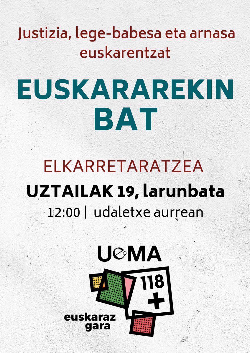 📢 Euskalgintzaren Kontseiluak bat egiten du Espainiako Auzitegi Gorenaren epaia salatzeko eta euskarak justizia behar duela aldarrikatzeko @UEMA_EUS.ek deitu dituen elkarretaratzeekin.

Bihar, larunbata, 12:00etan UEMAko udaletxe guztien aurrean!

👉Info+ uema.eus/eu-ES/Albistea…