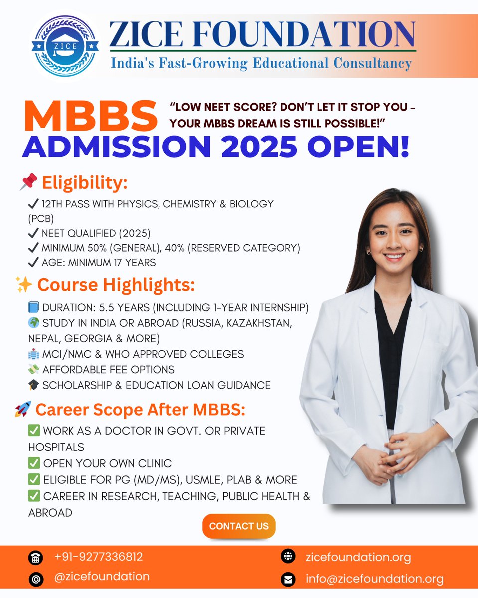 zicefoundation's tweet photo. *📣 LOW NEET SCORE? Don't Worry! Your MBBS Dream is Still Alive!* 

CONTACT US :

🌐 https://t.co/rzWbEuwLNh
📞 +91-9277336812
📩 info@zicefoundation.org
📍 @zicefoundation https://t.co/VCeLyHME2Z