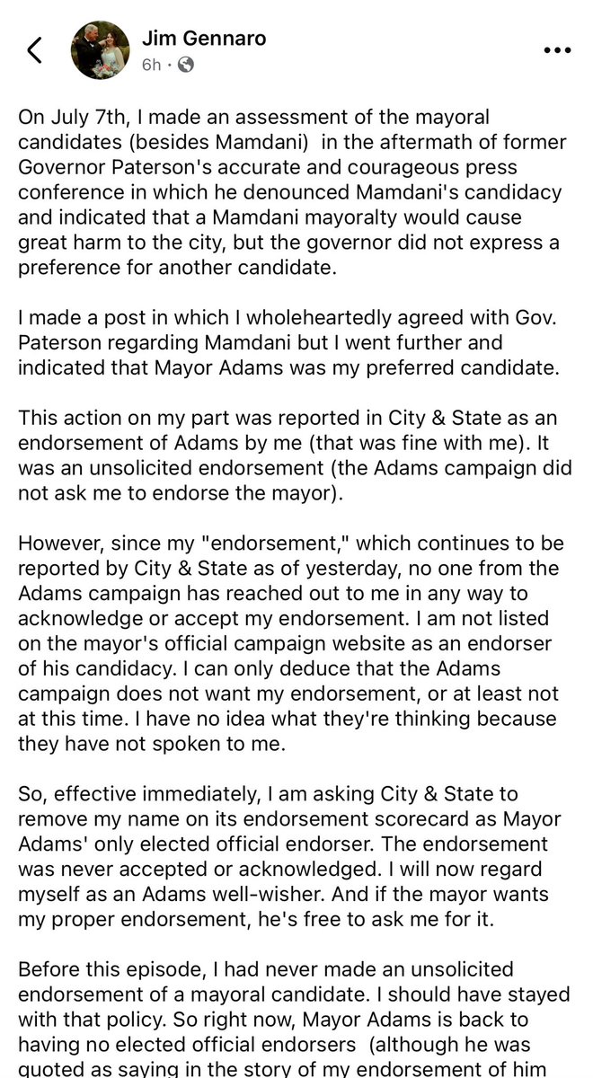 createcraig's tweet image. Mayor Eric Adams has lost his lone lawmaker endorsement in Councilman Jim Gennaro
“No one from the Adams campaign has reached out to me in any way to acknowledge or accept my endorsement. I can only deduce that the Adams campaign does not want my endorsement,” the 1 am post says