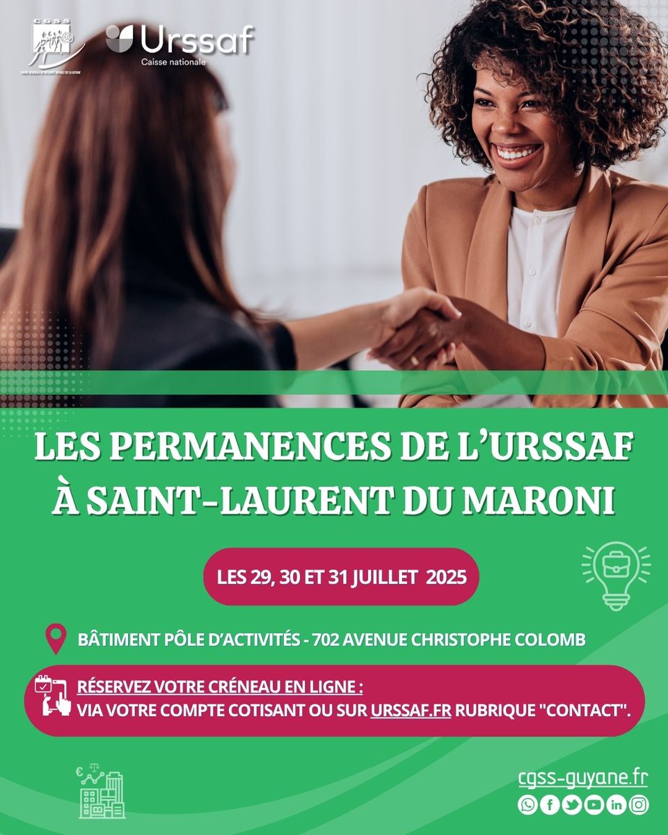 Du 29 au 31 juillet 2025, l’URSSAF va à la rencontre des #cotisants en assurant une permanence, à Saint Laurent du Maroni (Bât. Pôle d’activités – 702 Avenue  Christophe Colomb).

Prendre rendez-vous en ligne, via votre compte ou sur urssaf.fr – rubrique «Contact».