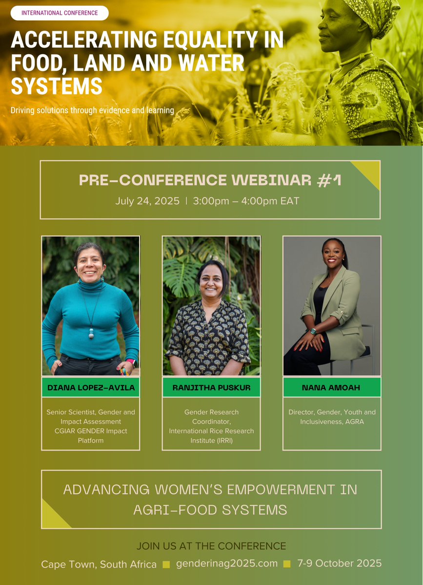CGIARgender's tweet image. Join us in this webinar series starting next week 🔇 

In the first webinar, learn why women’s empowerment is both a goal and a driver of just transformation in Food, Land, and Water Systems. 
🗓️ July 24
🕙 3.00pm EAT

Read more: bit.ly/4lpZkBy #GenderinAg