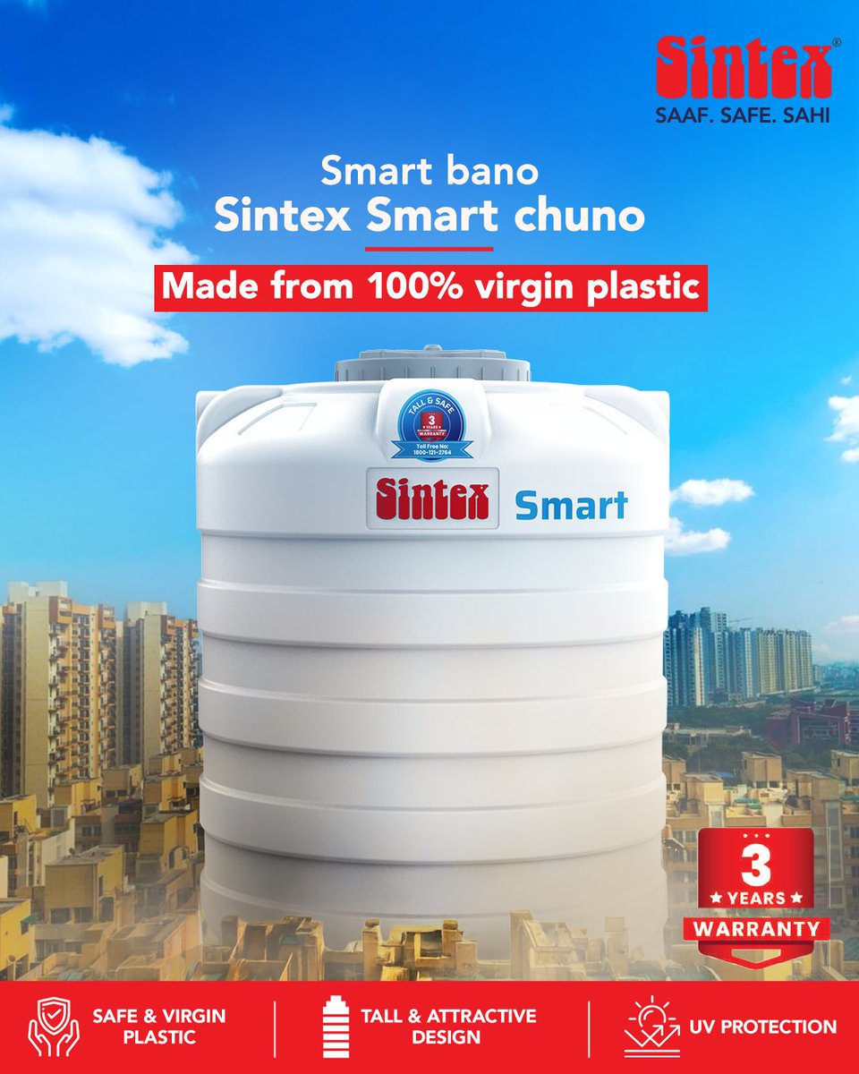 sintex_india's tweet photo. We clean, scrub, sanitise, yet miss the danger hiding in plain sight. Tanks made from recycled plastic can leach microplastics into your water. Switch to Sintex Smart. 100% virgin plastic. No compromises on safety.
#SahiHaiSintex #SaafSafeSahi #SintexSmart https://t.co/qE2GOnHkVB