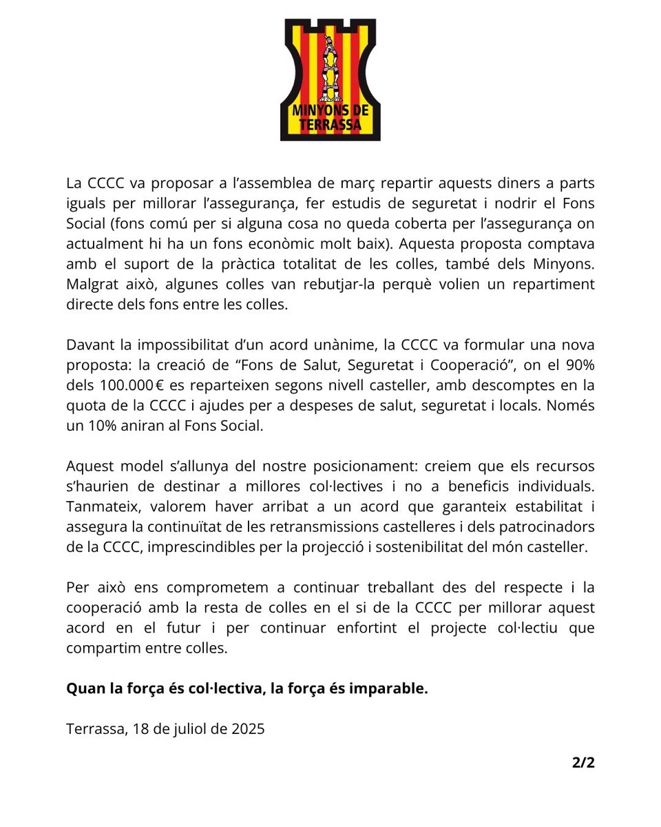 Comunicat en relació als drets d'imatge de les retransmissions castelleres.

Llegeix-lo aquí minyons.cat/comunicat-amb-…