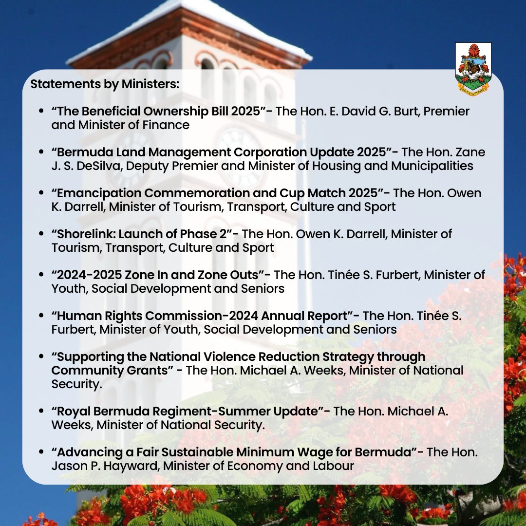 BdaGovernment's tweet image. The public is invited to tune into the House of Assembly today, Friday, 18 July 2025. The session will be live from 10:00 a.m. at parliament.bm.
All are encouraged to listen to the proceedings and remain informed about key initiatives and updates affecting the…