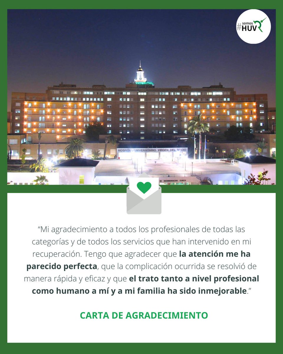 💌Palabras que nos llegan al 💚

"Tengo que agradecer que la atención me ha parecido perfecta, que la complicación ocurrida se resolvió de manera rápida y eficaz y que el trato tanto a nivel profesional como humano a mí y a mi familia ha sido inmejorable."

#SomosHUVR