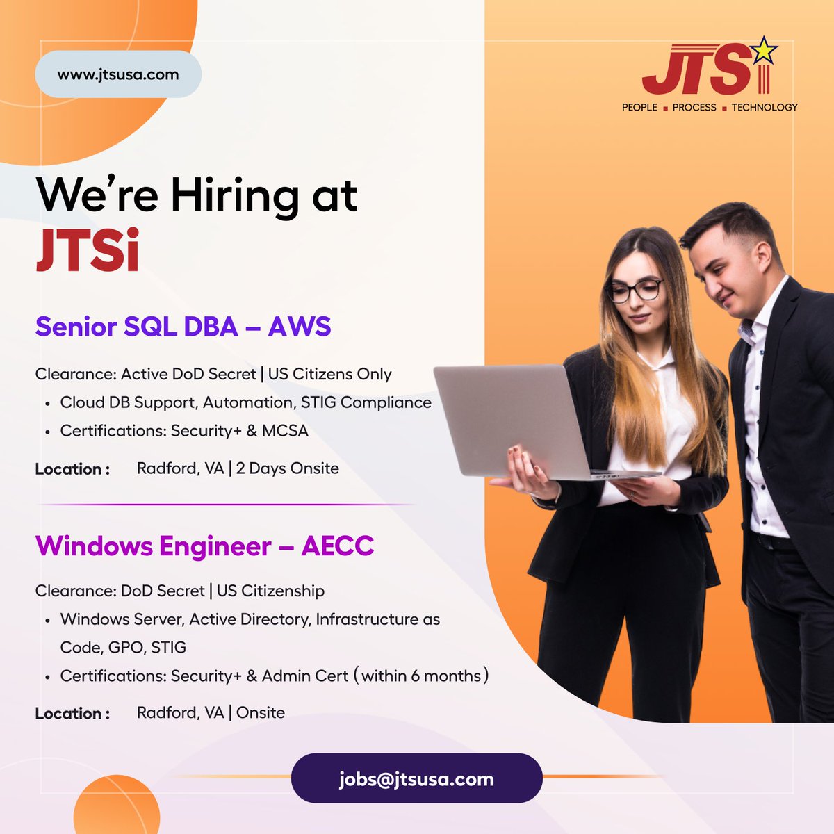 JTSiTechUSA's tweet photo. 🚨 We’re hiring in Radford, VA!
📌 Positions open for:
🔹 Senior SQL DBA – AWS
🔹 Windows Engineer – AECC
👉 DoD Secret clearance required
💻 Hybrid &amp; Onsite roles
📩 Apply now: jobs@jtsusa.com
🌐 https://t.co/qlz5G9IRoQ
#Hiring #TechJobs #SQLDBA #WindowsEngineer #DoDCareers https://t.co/hNGnwMIfqz