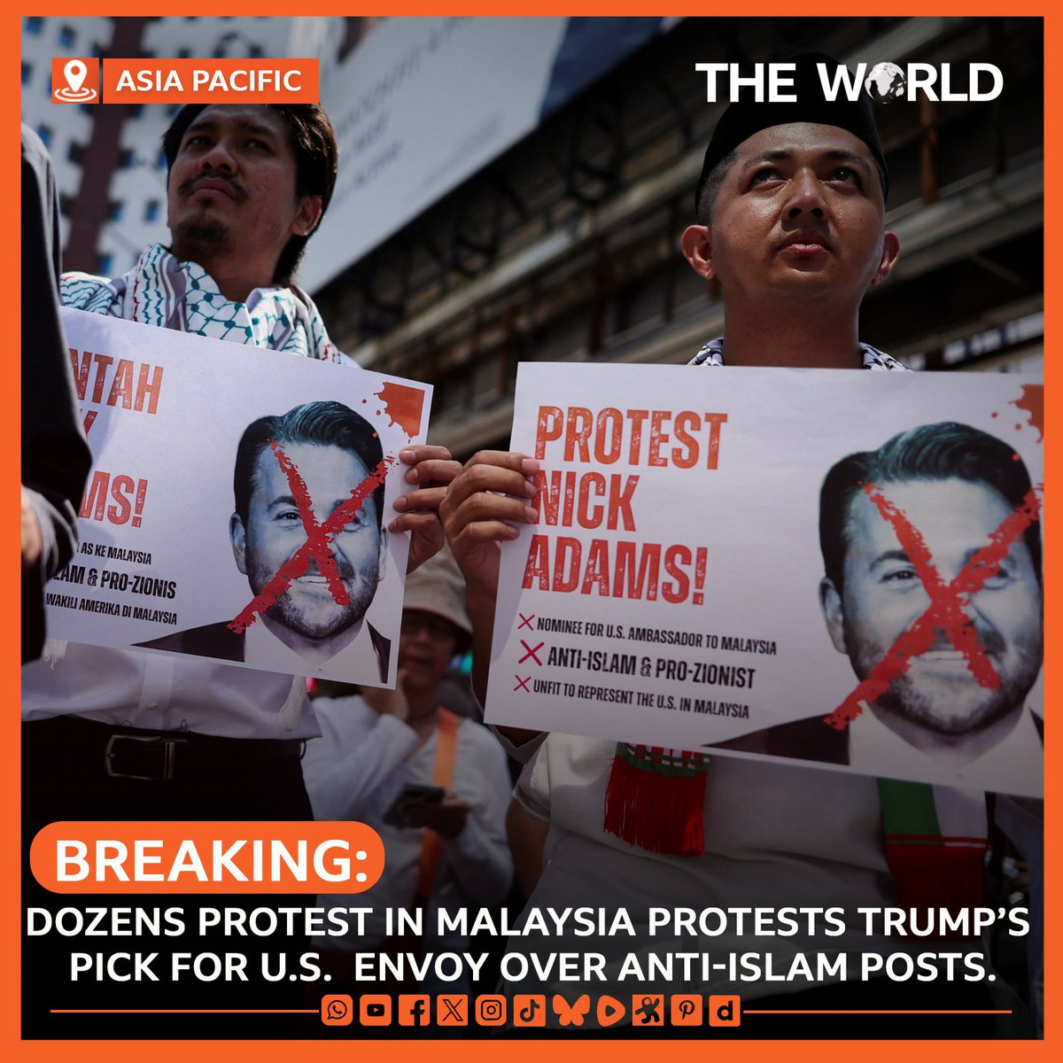 TheCandorPost's tweet image. Dozens protest Trump’s nominee Nick Adams as U.S. ambassador to Malaysia over his anti-Islam posts &amp;amp; support for Israel. Malaysian PM says decision pending. Protesters demand rejection, fearing damage to ties. #Malaysia #NickAdams #TrumpNominee #TheWorldPk #USEmbassy