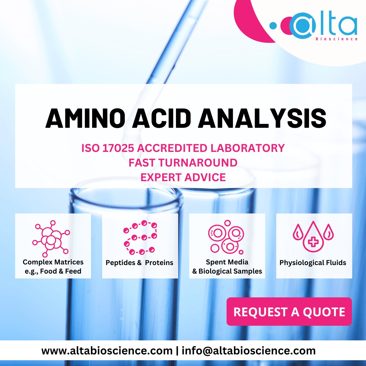 AltaBioscience (@altabioscience) on Twitter photo At <a href="/AltaBioscience/">AltaBioscience</a>, we specialise in #AminoAcid Analysis, delivering fast, reliable, and accurate results for a wide range of sample types. Contact our experts or visit our website for more information: altabioscience.com/what-we-do/ami…
#ProteinAnalysis #LifeScience #AltProtein At <a href="/AltaBioscience/">AltaBioscience</a>, we specialise in #AminoAcid Analysis, delivering fast, reliable, and accurate results for a wide range of sample types. Contact our experts or visit our website for more information: altabioscience.com/what-we-do/ami…
#ProteinAnalysis #LifeScience #AltProtein