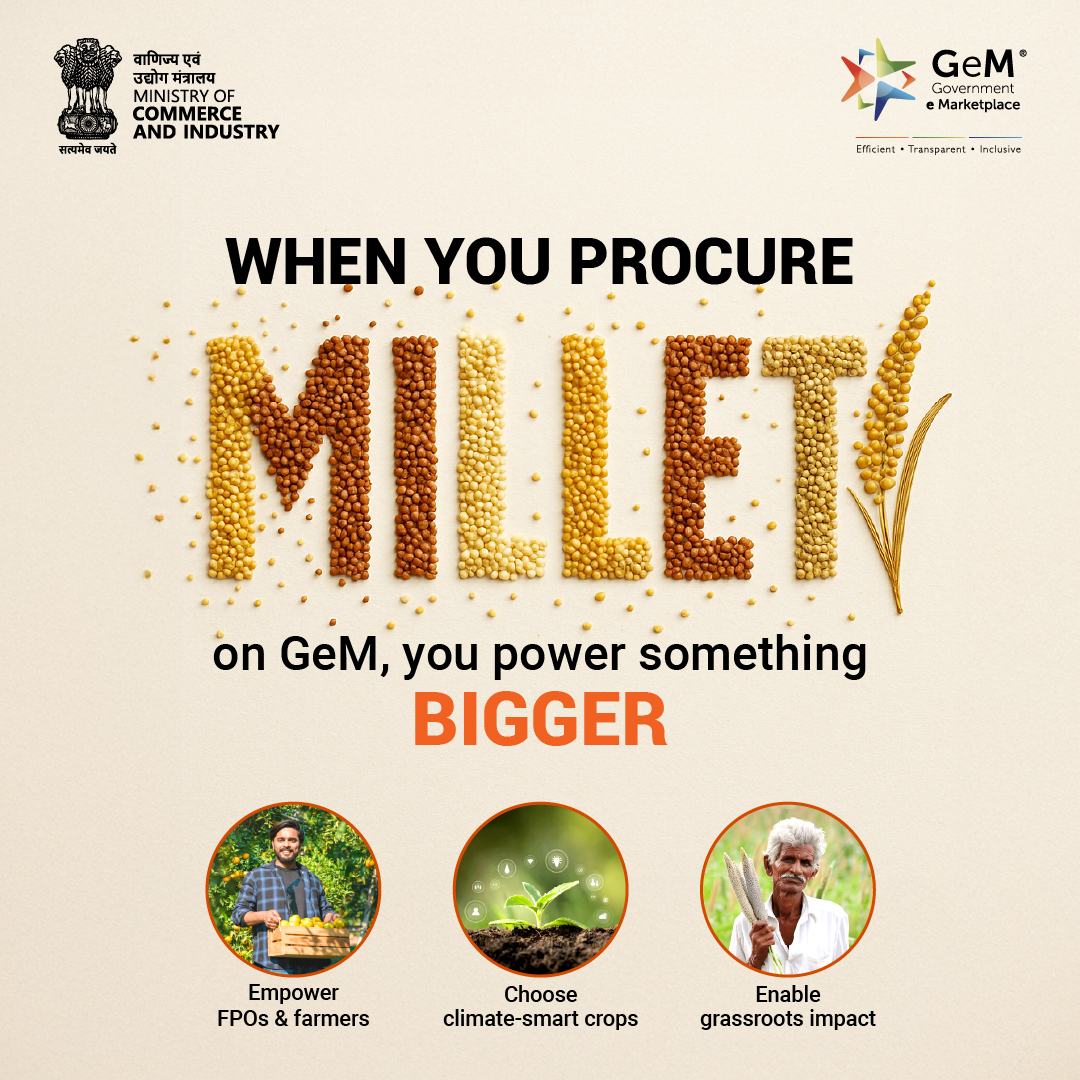 GeM_India's tweet image. Millets are key to India’s climate resilience, nutrition security and #sustainableagriculture goals.
As nutrient-dense, drought-resistant crops, millets offer long-term solutions for both public health and environmental sustainability.
But to unlock their full potential,…