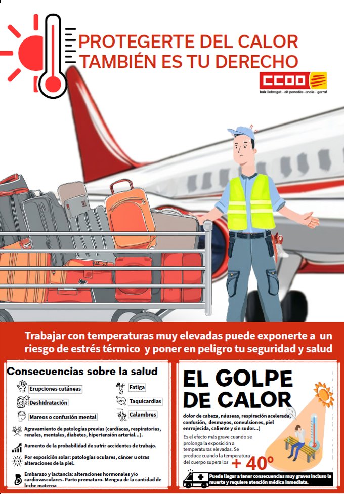 Avui hem realitzat una jornada d'extensió de salut laboral amb delegats i delegades de l'aeroport El Prat repartint informació als treballadors i treballadores de la campanya "Protegir-te de la calor també és el teu dret", tant per treballs interiors com exteriors a pistes.