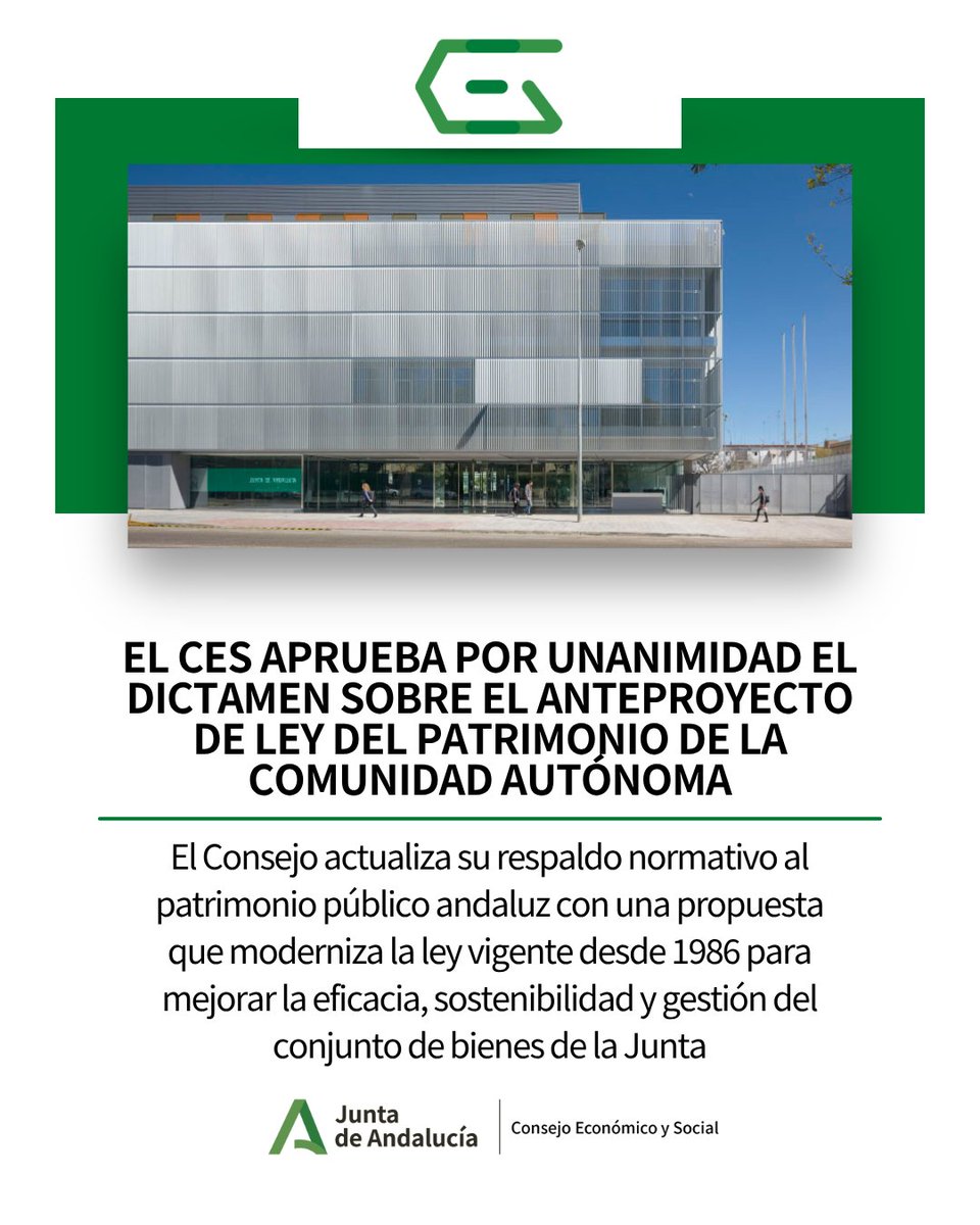 ✅ El Pleno del #CES aprueba por unanimidad el Dictamen 5/2025 sobre el nuevo Anteproyecto de Ley del Patrimonio de la CCAA

📜 Una norma clave para reforzar la gestión, uso y protección de los bienes públicos andaluces 🔁

🔗 Más información: juntadeandalucia.es/organismos/ces…