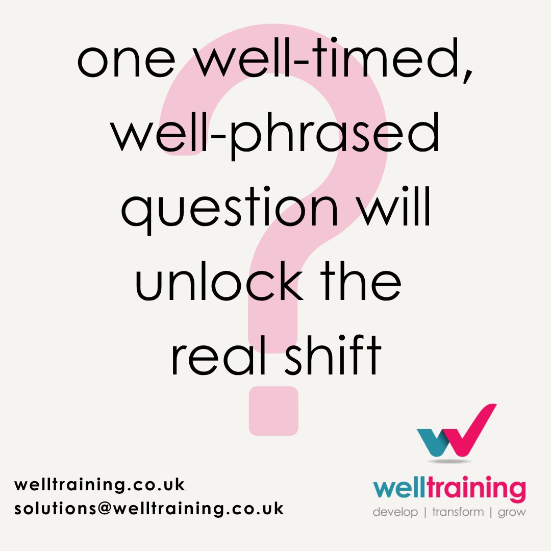 WELL Training (@welltraining2) on Twitter photo We recently highlighted that Coaching is essential in a business. Coaching starts with one thing: asking the right question. One great question can change everything.
solutions@welltraining.co.uk #CoachingMatters #LeadershipDevelopment #PowerfulQuestions #CoachingCulture We recently highlighted that Coaching is essential in a business. Coaching starts with one thing: asking the right question. One great question can change everything.
solutions@welltraining.co.uk #CoachingMatters #LeadershipDevelopment #PowerfulQuestions #CoachingCulture