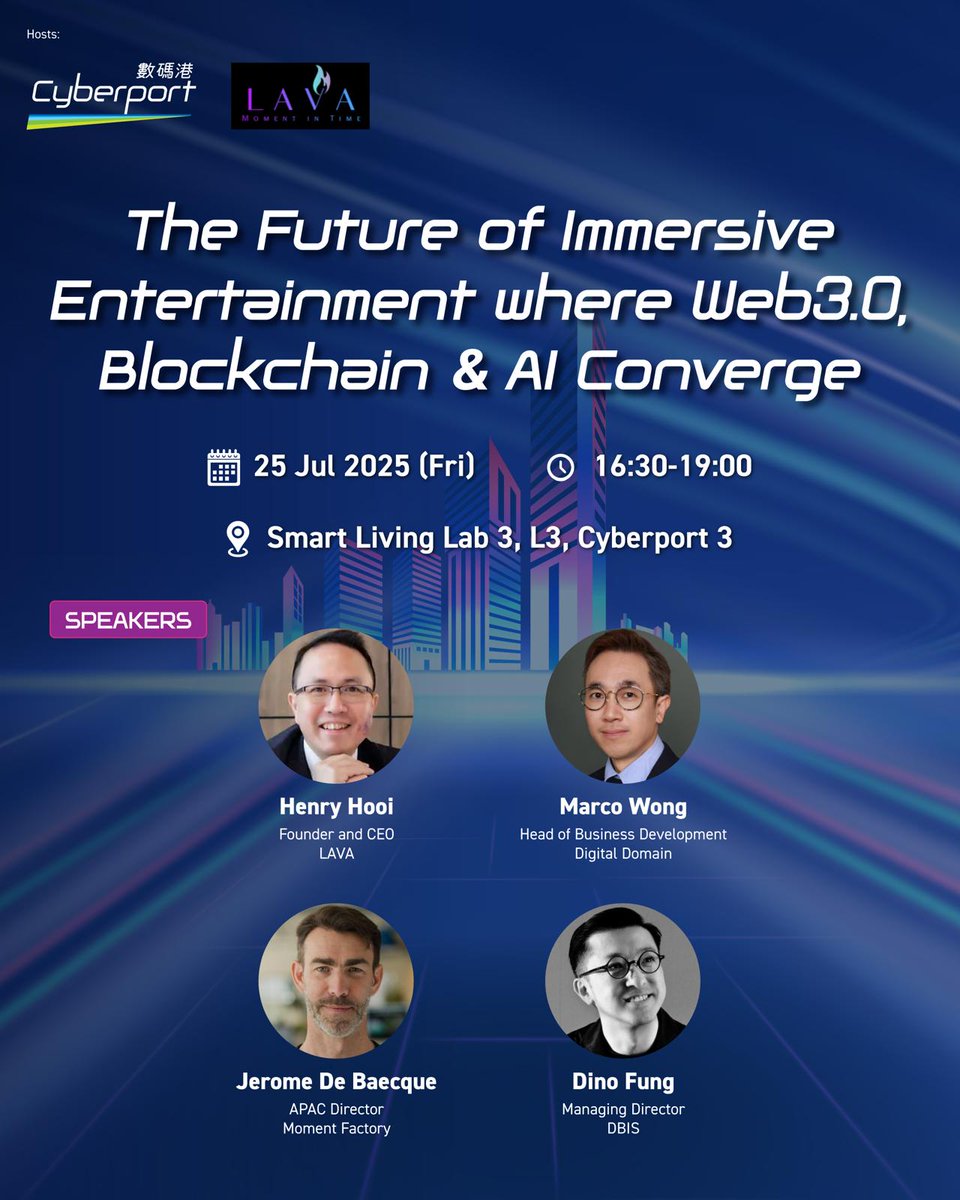 cyberport_hk's tweet image. Cyberport x Lava forum on 25 Jul explores AI, Web3 & blockchain in immersive entertainment. Creative firms welcome! Register / Learn more: bit.ly/46dlMsZ