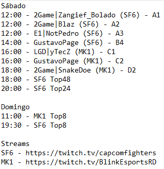 DASH|dede (@dede_495) on Twitter photo Chegou o fim de semana do Blink Respawn! Torneio que vai rolar na República Dominicana!
Teremos os BRs nos representando
<a href="/E1Sports_/">E1 Sports</a> <a href="/NotPedro3/">E1 | NotPedro</a>
<a href="/BoladoZangief/">2G Zangief_bolado</a>
<a href="/GustavoPage2/">GustavoPage</a> e yTecZ
Além dos chilenos da <a href="/2GAMEFGC/">2GAME FGC</a>
<a href="/DerekBlaz11/">2G Blaz</a> e <a href="/SnakeDoe2/">2G Snake</a>
Bora torcer!
🇧🇷🚀🇧🇷🇨🇱🚀🇧🇷 Chegou o fim de semana do Blink Respawn! Torneio que vai rolar na República Dominicana!
Teremos os BRs nos representando
<a href="/E1Sports_/">E1 Sports</a> <a href="/NotPedro3/">E1 | NotPedro</a>
<a href="/BoladoZangief/">2G Zangief_bolado</a>
<a href="/GustavoPage2/">GustavoPage</a> e yTecZ
Além dos chilenos da <a href="/2GAMEFGC/">2GAME FGC</a>
<a href="/DerekBlaz11/">2G Blaz</a> e <a href="/SnakeDoe2/">2G Snake</a>
Bora torcer!
🇧🇷🚀🇧🇷🇨🇱🚀🇧🇷