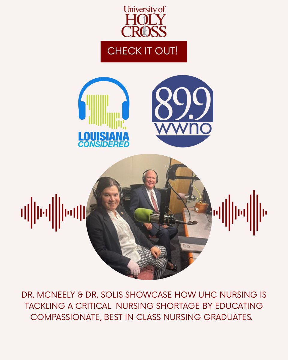 University of Holy Cross (@uofhc) on Twitter photo ICYMI
Dr. McNeely and Dr. Solis recently appeared on <a href="/WWNO/">New Orleans Public Radio</a>’s Louisiana Considered to share how the <a href="/UofHC/">University of Holy Cross</a> Nursing program is helping tackle the critical nursing shortage across our region.
🎧 Listen to the full episode here: wwno.org/show/louisiana… ICYMI
Dr. McNeely and Dr. Solis recently appeared on <a href="/WWNO/">New Orleans Public Radio</a>’s Louisiana Considered to share how the <a href="/UofHC/">University of Holy Cross</a> Nursing program is helping tackle the critical nursing shortage across our region.
🎧 Listen to the full episode here: wwno.org/show/louisiana…