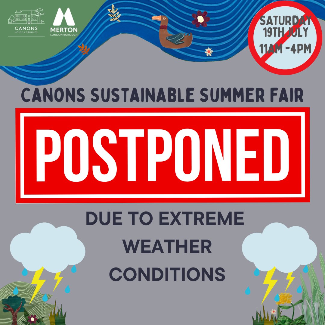 Merton_Council's tweet image. ⚠️Canons Sustainable Summer Fair postponed⚠️
We've had to take the difficult decision to postpone the Canons Sustainable Summer Fair due to the extreme weather conditions forecast.
We hope to find an alternative date soon.
Thanks for your understanding 💚