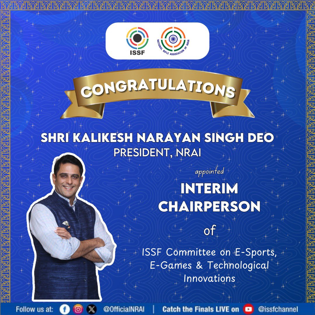 Our dynamic President <a href="/DeoKalikesh/">Office of Kalikesh Singh Deo</a> making waves in the world of Sport Shooting! 🔥💥👏🎊🎉😎🇮🇳

<a href="/issf_official/">ISSF</a> <a href="/Media_SAI/">SAI Media</a>

#IndiaShooting #ISSF #Esports #EGames #TeamIndia #India #NRAIPresident