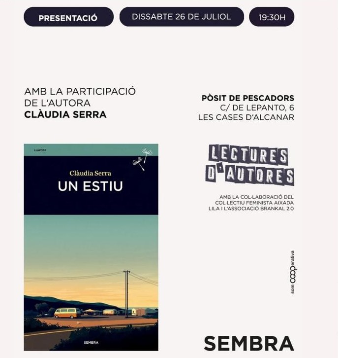 📚Presentació d' Un estiu, de Clàudia Serra <a href="/ClaudiaSerraG/">Clàudia Serra</a> 
📍al Pòsit de pescadors, Les Cases
📅Dissabte 26 de juliol a les 19:30h
🙋Amb la presència de l’autora

Publicat per <a href="/SembraLlibres/">Sembra Llibres</a> , "Un estiu" és un text de teatre ambientat als Alfacs l’estiu del 78.
Us esperem!