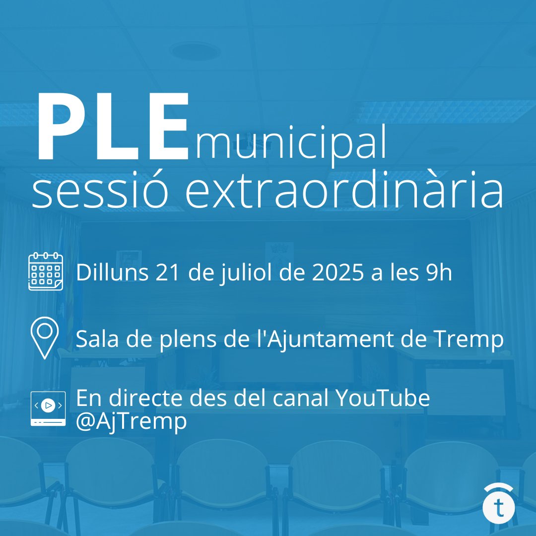 👥Dilluns 21 de juliol a les 9h, sessió extraordinària del Ple de l'Ajuntament de Tremp.        

Es podrà seguir en directe a través al canal de Youtube de l’Ajuntament.  

 🔗Tobareu l’ordre del dia al web municipal: tauler.seu-e.cat/detall?idEns=2…