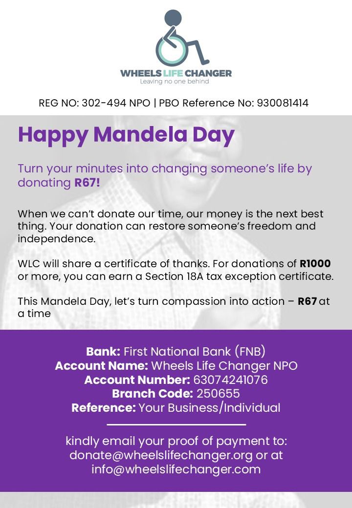 Happy Mandela Day
   
Turn your minutes into changing someone’s life by donating R67! wheelslifechanger.com