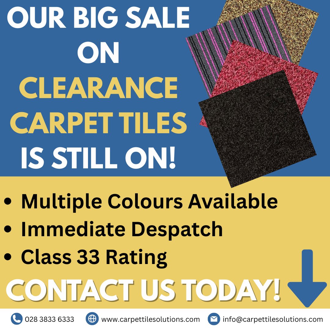 🚨 BIG CARPET TILE SALE STILL ON! 

Refresh your space without breaking the bank!

💥 Class 33 heavy-duty tiles
💥 Perfect for offices, shops &amp; homes
💥 Variety of colours in stock
💥 Built for high-traffic areas
💥 Ready to ship now!

Contact us today for more information!