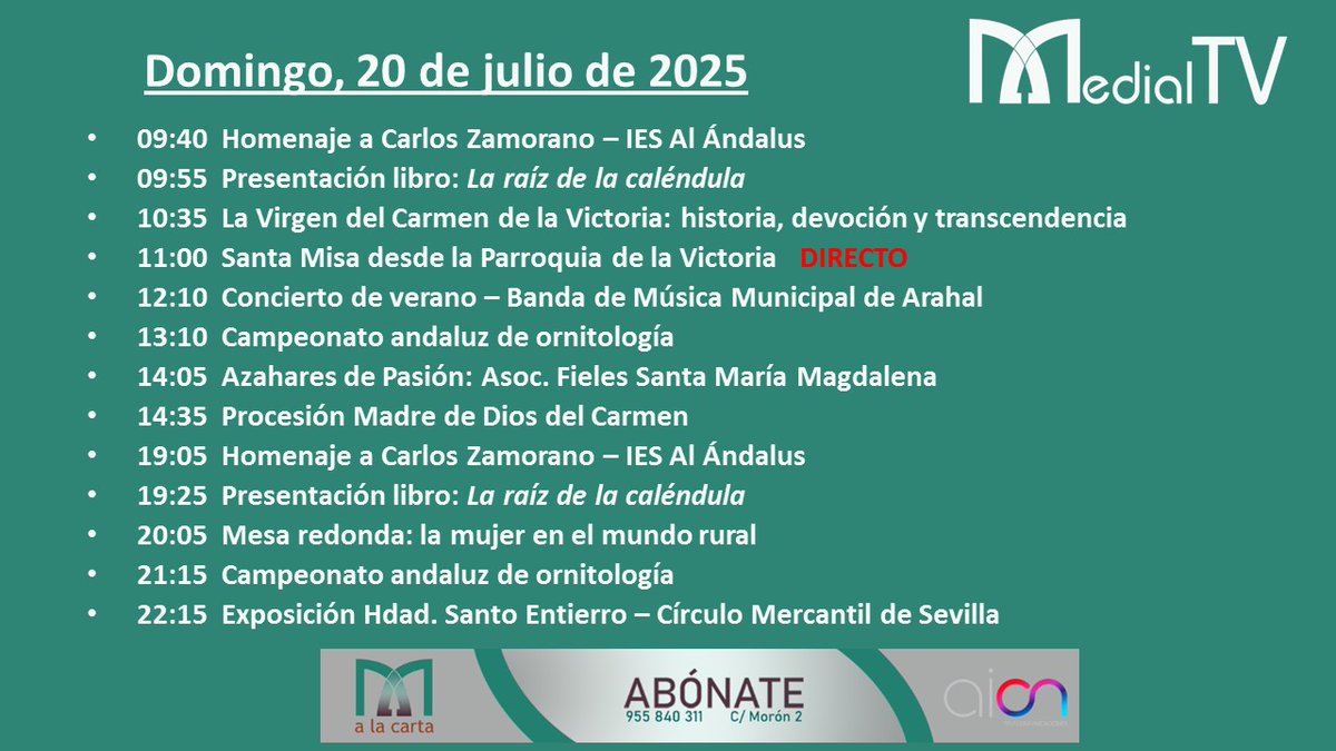 #Programación #MedialTV📺 | Domingo, 20 de julio. Estos son nuestros contenidos para hoy, con la novedad de:

▶️ 11:00h. Santa Misa desde la Parroquia de la Victoria en DIRECTO.

No te lo pierdas‼️