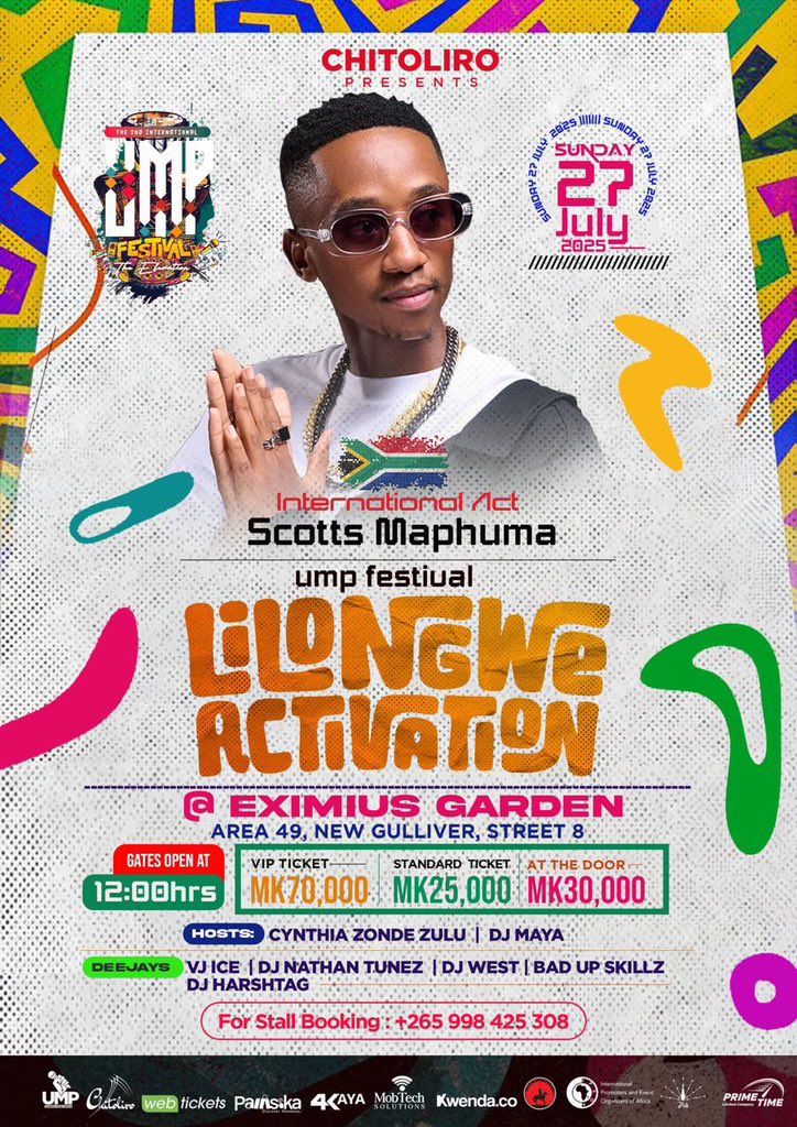 Kwenda.Co (@kwendaco) on Twitter photo ๐ฅLILONGWE, LETโS TURN UP!๐ฅ
Scotts Maphuma ๐ฟ๐ฆ will be live at the UMP Festival Lilongwe Activation!
With DJs: VJ Ice, DJ Nathan Tunez, DJ West, Bad Up Skillz etc
๐
Sun, 27 July
๐ 12PM
๐ Eximius Garden
๐ซ Tickets are on kwenda:
Dial *495# or click ๐๐ฝ kwenda.co/events/c1e265fโฆ ๐ฅLILONGWE, LETโS TURN UP!๐ฅ
Scotts Maphuma ๐ฟ๐ฆ will be live at the UMP Festival Lilongwe Activation!
With DJs: VJ Ice, DJ Nathan Tunez, DJ West, Bad Up Skillz etc
๐
Sun, 27 July
๐ 12PM
๐ Eximius Garden
๐ซ Tickets are on kwenda:
Dial *495# or click ๐๐ฝ kwenda.co/events/c1e265fโฆ