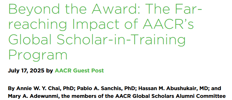 Hassan Abushukair (@hmabushukair) on Twitter photo Check out our recent blogpost on the impact of the <a href="/AACR/">AACR</a> GSITA program and how extends beyond the annual meeting. Honored to work on this with my fellow Global Scholars Alumni Committee <a href="/PblSanchis/">Pablo Sanchis</a> <a href="/ChaiWaiYeeng/">Annie Chai Wai Yeeng</a> <a href="/madewunmi23/">MaryAdewunmi</a>.
#AACRGlobalScholars
rb.gy/8ahh3e Check out our recent blogpost on the impact of the <a href="/AACR/">AACR</a> GSITA program and how extends beyond the annual meeting. Honored to work on this with my fellow Global Scholars Alumni Committee <a href="/PblSanchis/">Pablo Sanchis</a> <a href="/ChaiWaiYeeng/">Annie Chai Wai Yeeng</a> <a href="/madewunmi23/">MaryAdewunmi</a>.
#AACRGlobalScholars
rb.gy/8ahh3e