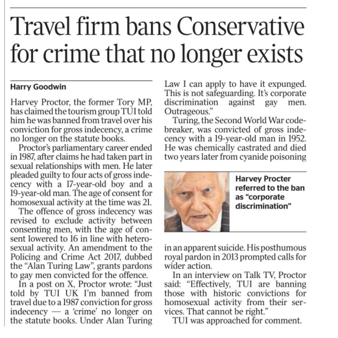 KHarveyProctor's tweet image. In @thetimes on Tuesday, following @TUIUK informing me that they will not allow me to use their services due to my 1987 conviction for gross indecency - a “crime” no longer on the statute books.
Under ‘Alan Turning Law’ I can apply to have it expunged.