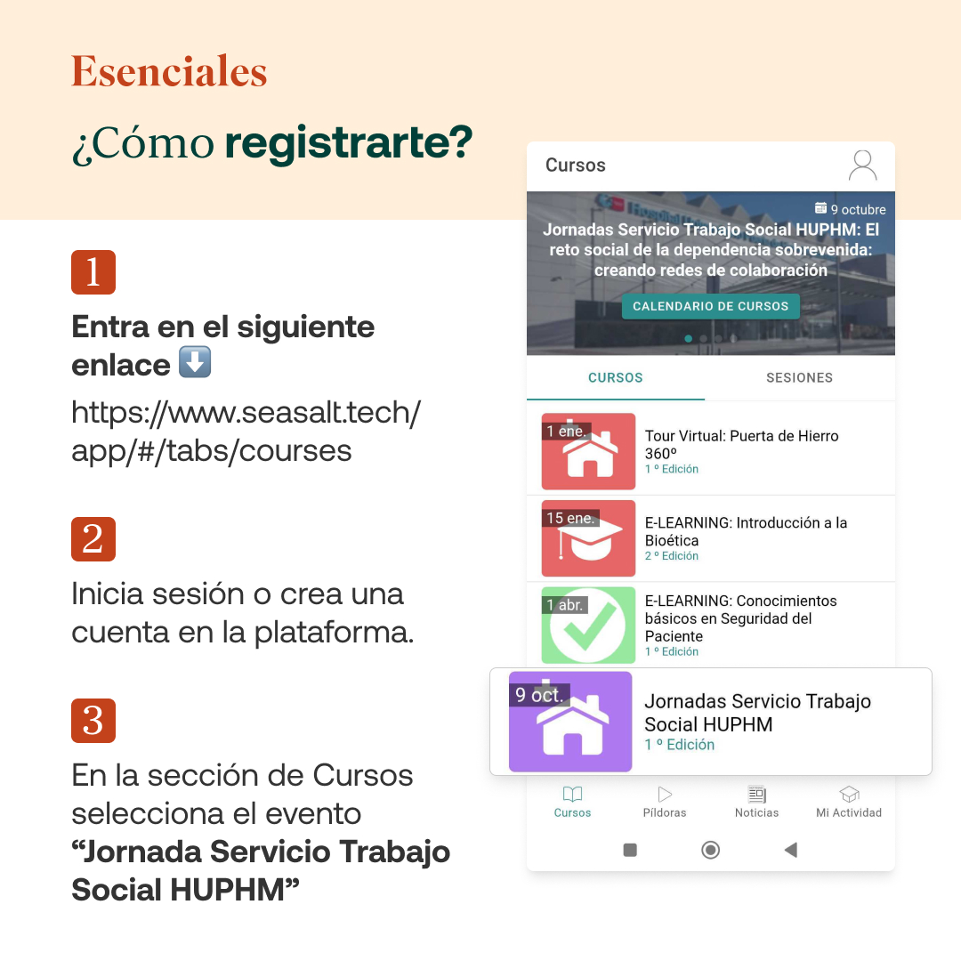 📆  ¿Te gustaría asistir a la III Jornada #Esenciales: “La dependencia sobrevenida: creando redes de colaboración”?

Te dejamos el paso a paso para registrarte de forma sencilla entrando en: seasalt.tech/app/#/tabs/cou…

📍La jornada es presencial y gratuita con inscripción previa.