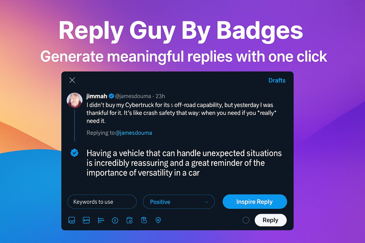 X Users Reality check:

Other AI reply tools:
❌ $15-30/month
❌ Limited generations
❌ Basic features

Reply Guy:
✅ $0/month
✅ Unlimited replies
✅ Better AI quality

Download Now: chromewebstore.google.com/detail/reply-g…

Why are people still paying for worse tools?🤔
#ReplyGuy #Badges