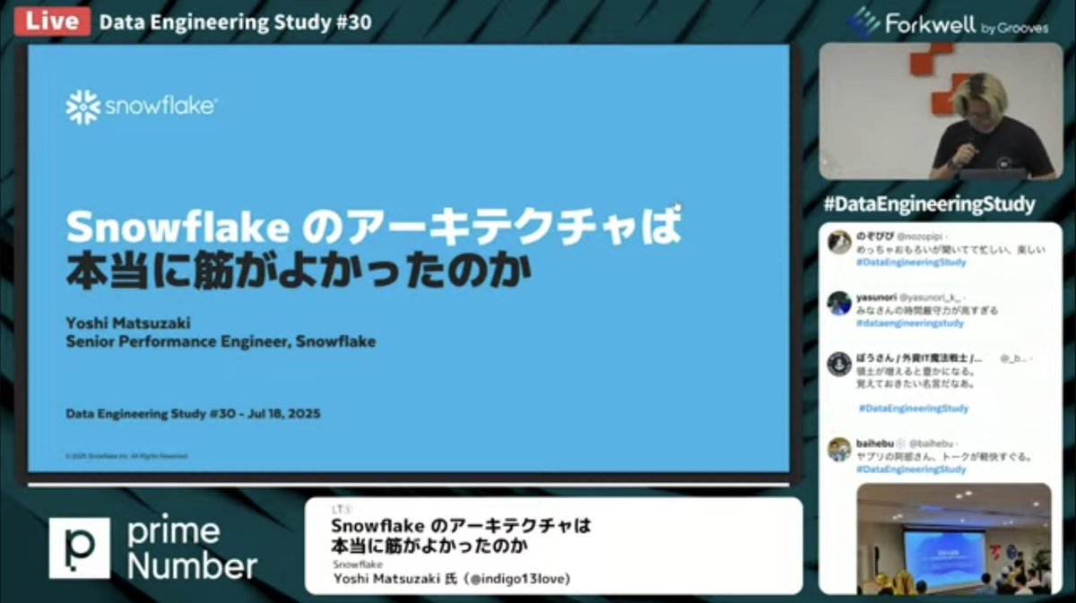 nanakosnowflake's tweet image. Snowflakeのアーキテクチャは本当に筋が良かったのか by Yoshiさん
オンラインだったけどパート見れた!
また向こう5年で進化遂げるのかなー!
 #DataEngineeringStudy