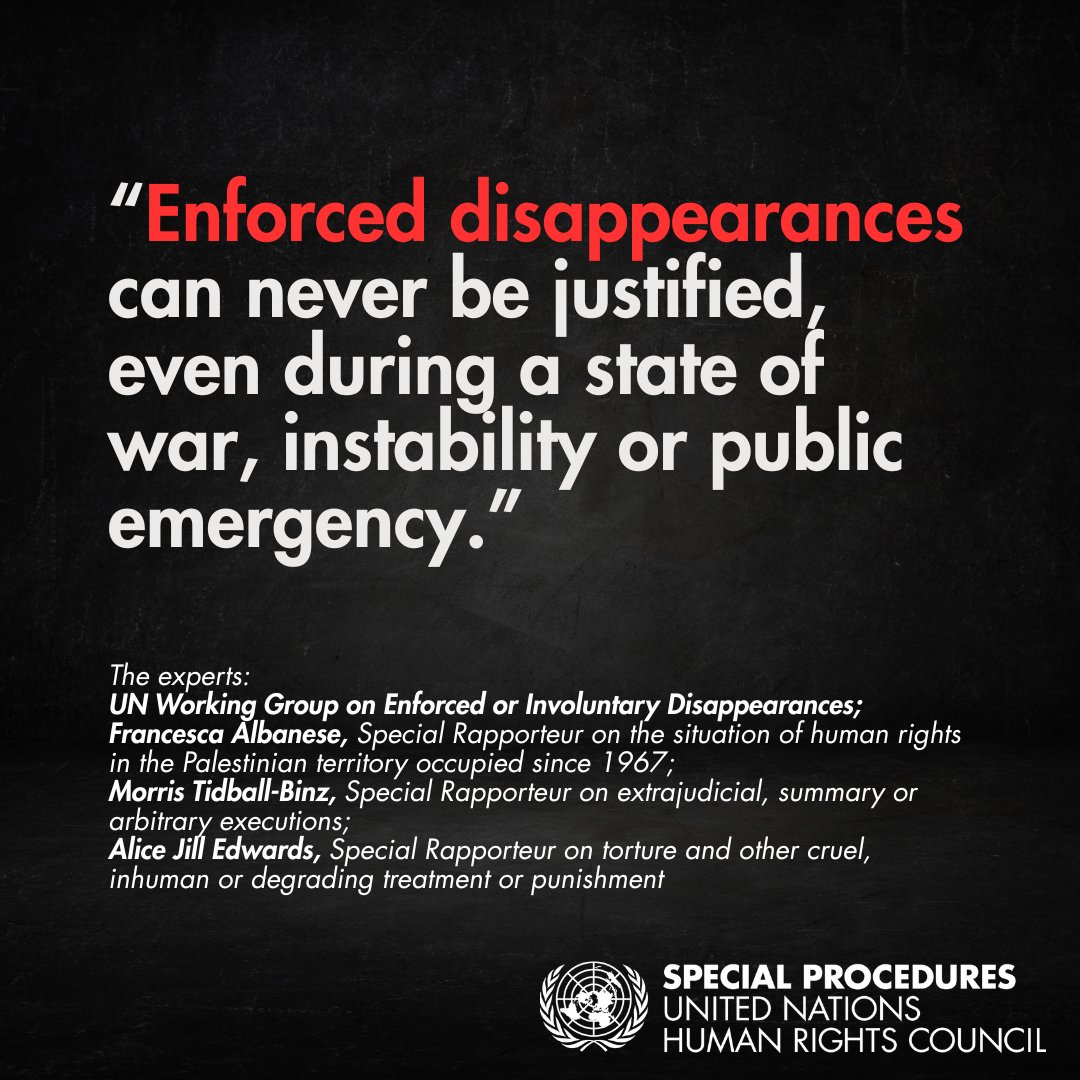 UN_SPExperts's tweet image. UN experts call for end to anguish of families seeking truth about disappeared loved ones in the Occupied Palestinian Territory & Israel, calling for immediate investigations and accountability.
ohchr.org/en/press-relea…