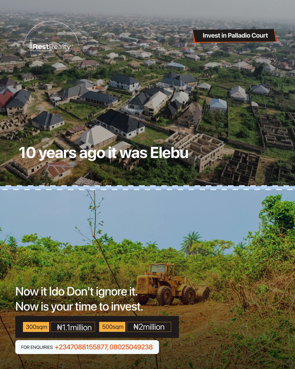 Every delay in buying land is a missed opportunity.

Yesterday it was Elebu. Today, it’s Ido.
Make a bold move toward growth and future value with just a 20% initial deposit.

📍 300 SQM – ₦1.1M
📍 500 SQM – ₦2M
Call/chat: 09151440521
07088155877
#PalladioCourt  #Restishere