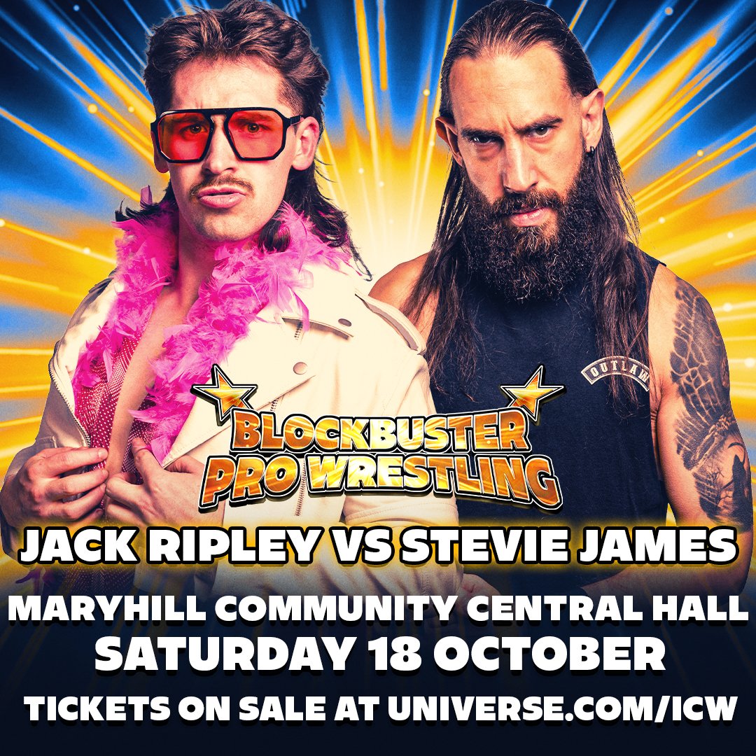 BlockbusterWres's tweet image. ANNOUNCEMENT: 'Risky' @TheJackRipley goes one-on-one with 'The Outlaw' @Steviejames1986 in Maryhill on Saturday 18 October! universe.com/icw