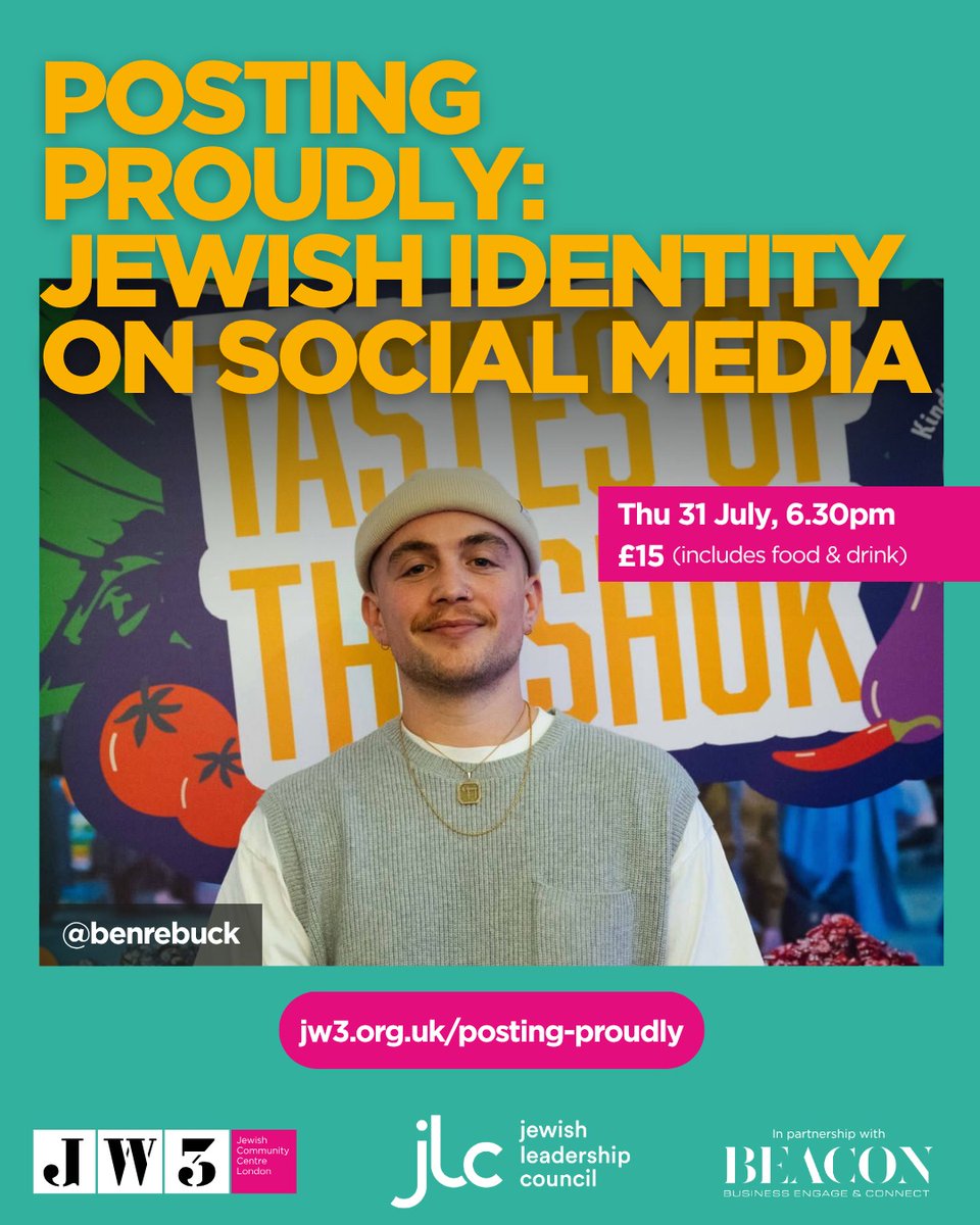JLC_uk's tweet image. Join the JLC & JW3, in partnership with Beacon, for a powerful in person event about Jewish pride on social media!
🎤 Hear from Jewish content creators (incl. chef Ben Rebuck!) about showing up loud & proud on social media – the highs, the hate, and everything in between.
💬…