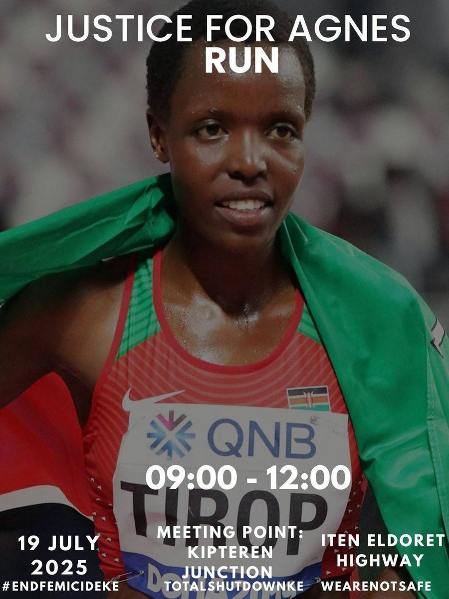 This Saturday, 19 July 2025, let’s come together at the Justice for Agnes Run from 9:00 AM to 12:00 PM at Kipteren Junction, Iten–Eldoret Highway.

We call on all Human Rights Defenders, especially in Uasin Gishu, to show up in solidarity, honor Agnes Tirop, and demand for