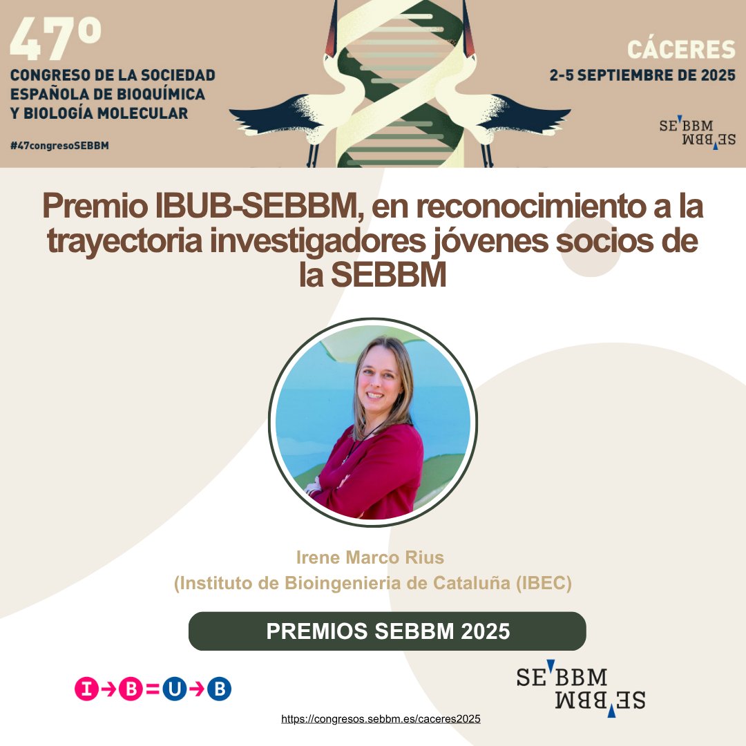 🎉 Desde la <a href="/SEBBM_es/">SEBBM</a> felicitamos a <a href="/IMarcoRius/">Irene Marco-Rius</a> (<a href="/IBECBarcelona/">IBEC</a>), ganadora del Premio <a href="/IBUB_UB/">IBUB-UB</a> –SEBBM 2025 en reconocimiento a su trayectoria como joven investigadora
🎙️ Será conferencia en #47congresoSEBBM
"Hyperpolarization-enhanced NMR and MRI methods"

f.mtr.cool/qgwrfrfemu