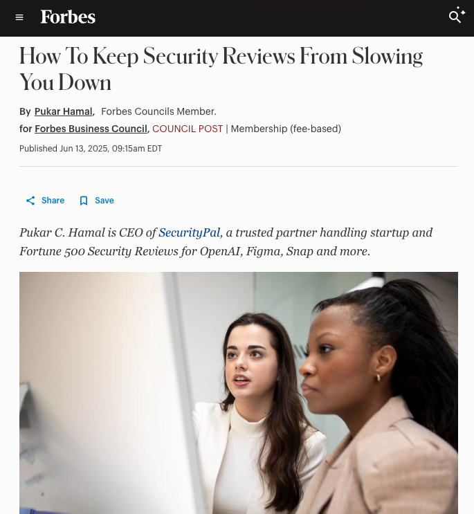 security_pal's tweet image. Don't let compliance become a bottleneck!
Our Founder and CEO @pchamal, shares crucial insights in this Forbes Business Council article.
Learn actionable strategies to streamline your security assessments and accelerate your operations without compromising protection.
Read…
