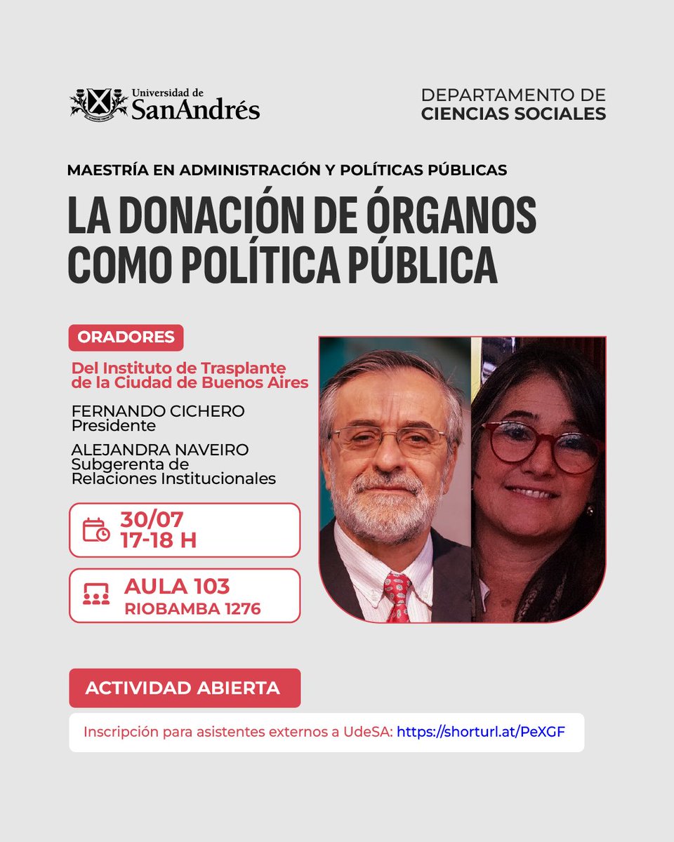 Política e Internacionales UdeSA (@cpgyrrii_udesa) on Twitter photo 📌🔜 Miércoles 30/7, 17.00h, Fernando Cichero y Alejandra Naveiro (Instituto de Transplante de la Ciudad de Buenos Aires), dialogarán sobre la donación de órganos como política pública en Argentina | <a href="/MappUdesa/">MAPP UdeSA</a> <a href="/UdeSA/">Universidad de San Andrés</a>
🔗Inscripción asistentes externos: shorturl.at/PeXGF 📌🔜 Miércoles 30/7, 17.00h, Fernando Cichero y Alejandra Naveiro (Instituto de Transplante de la Ciudad de Buenos Aires), dialogarán sobre la donación de órganos como política pública en Argentina | <a href="/MappUdesa/">MAPP UdeSA</a> <a href="/UdeSA/">Universidad de San Andrés</a>
🔗Inscripción asistentes externos: shorturl.at/PeXGF