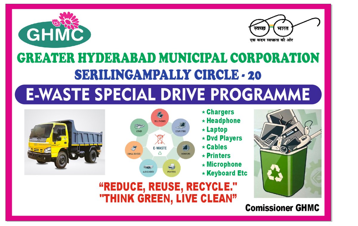 DC Serilingampally GHMC (@dc_slp20) on Twitter photo Recycle Responsibly! Drop off your old electronics and help reduce e-waste 📱💻"
Electronics have hazardous metals like lead, cadmium, mercury etc. it's safe disposal saves environment. #Sustainability #ewaste
<a href="/ZC_SLP/">ZC SERILINGAMPALLY ZONE GHMC</a>
<a href="/CommissionrGHMC/">Commissioner GHMC</a>
<a href="/gadwalvijayainc/">Vijayalaxmi Gadwal, GHMC MAYOR</a>
<a href="/PrlsecyMAUD/">Prl Secy MAUD.</a> Recycle Responsibly! Drop off your old electronics and help reduce e-waste 📱💻"
Electronics have hazardous metals like lead, cadmium, mercury etc. it's safe disposal saves environment. #Sustainability #ewaste
<a href="/ZC_SLP/">ZC SERILINGAMPALLY ZONE GHMC</a>
<a href="/CommissionrGHMC/">Commissioner GHMC</a>
<a href="/gadwalvijayainc/">Vijayalaxmi Gadwal, GHMC MAYOR</a>
<a href="/PrlsecyMAUD/">Prl Secy MAUD.</a>