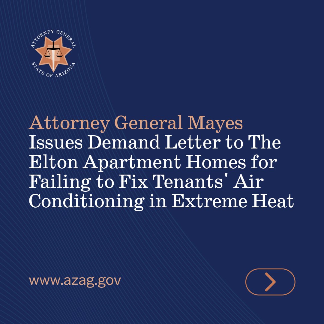 AZAGMayes's tweet image. My office is reviewing what took place here, including the death and hospitalization of residents. The failure to provide adequate A/C is gravely dangerous.
Press release here: azag.gov/ag-mayes-deman…
