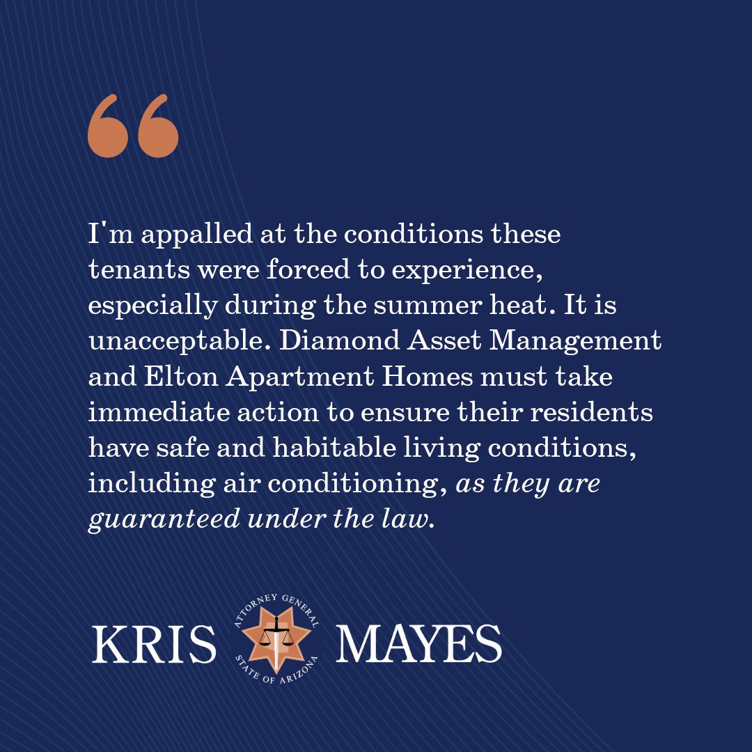 AZAGMayes's tweet image. My office is reviewing what took place here, including the death and hospitalization of residents. The failure to provide adequate A/C is gravely dangerous.
Press release here: azag.gov/ag-mayes-deman…