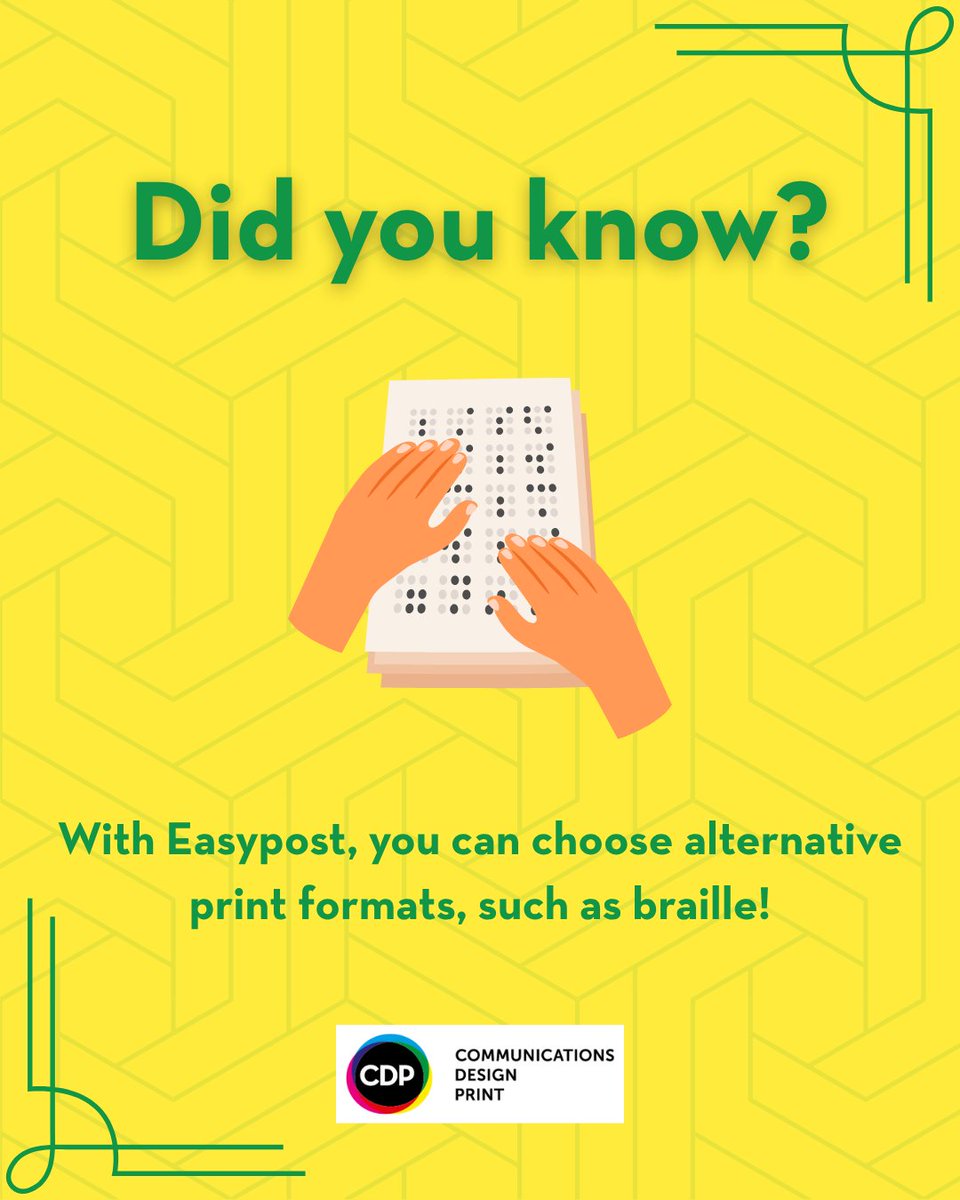 CDPagency's tweet image. Need to print in a different format?

With Easypost, you can choose formats such as disks, coloured paper, and even braille! 

Discover Easypost today: ow.ly/3RZS50WaRar

#EasyPost #PrintManagement #CDPPrintManagement #Braille #PrintInBraille