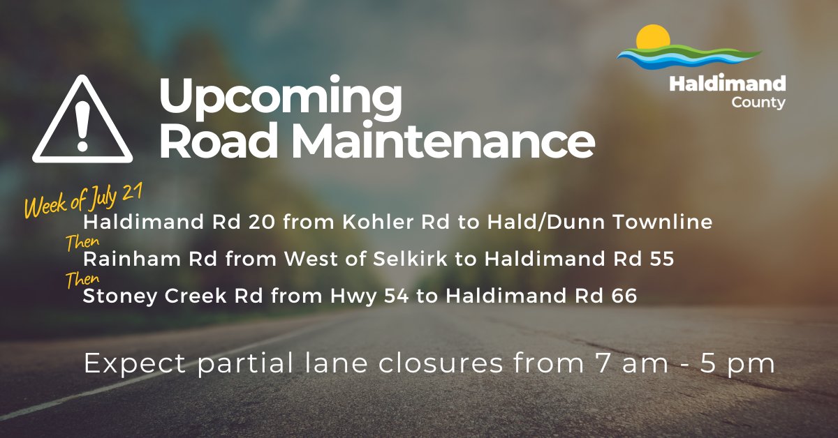 🚧 Our Road Preservation Program is about to begin with work on Haldimand Road 20, Rainham Road, and Stoney Creek Road. This will involve grinding out and sealing the cracks in the road. Traffic control will be in place with partial lane closures from approximately 7 am - 5 pm.