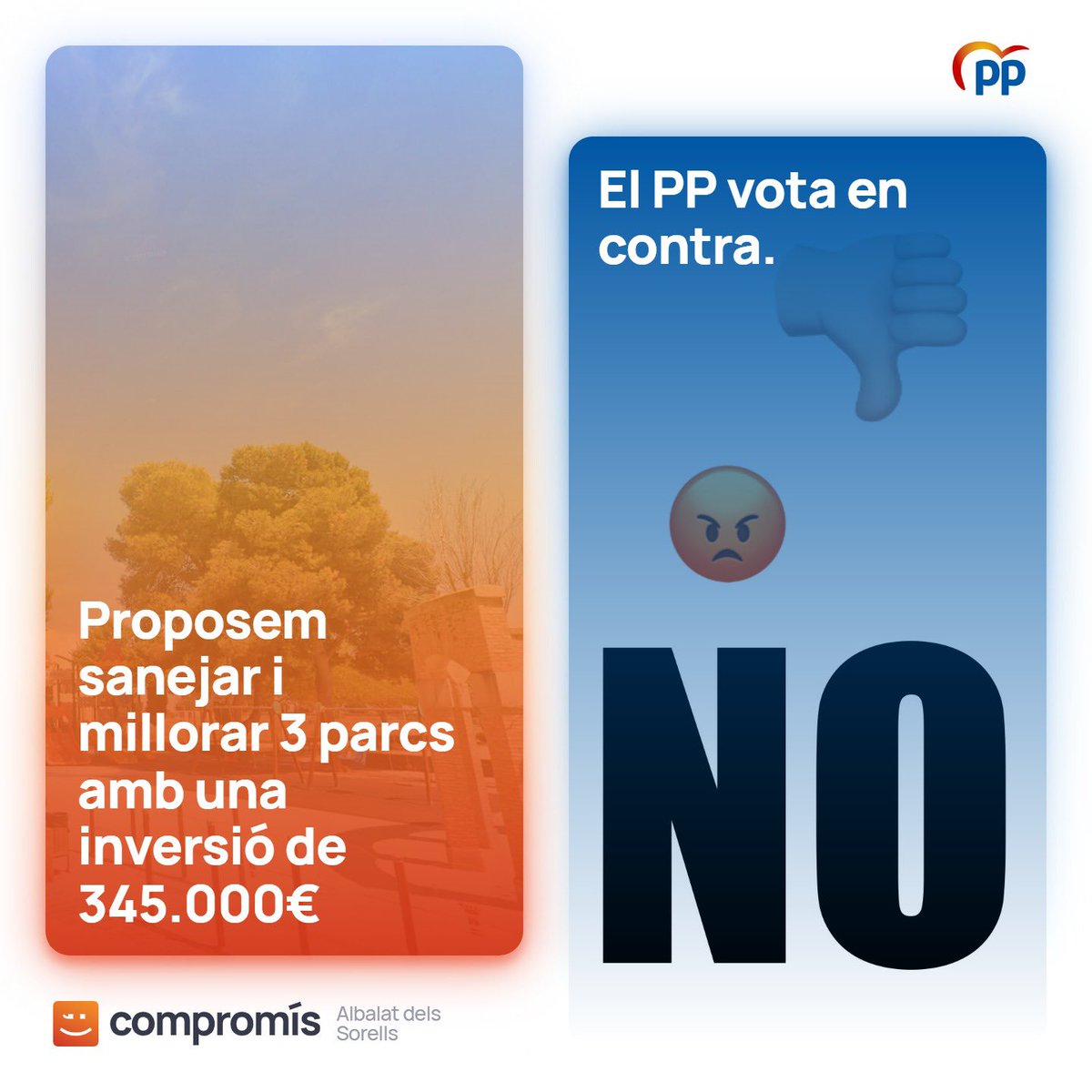 ✅👍🏻🧡Proposem sanejar i millorar 3 parcs amb una inversió de 345.000€

➡️ Parc del carrer Mestre Serrano
➡️ Parc de l’hort del Comte.
➡️ Parcs del carrer Blasco Ibàñez.

👎🏻🔴 el 🅿️🅿️ vota en contra.