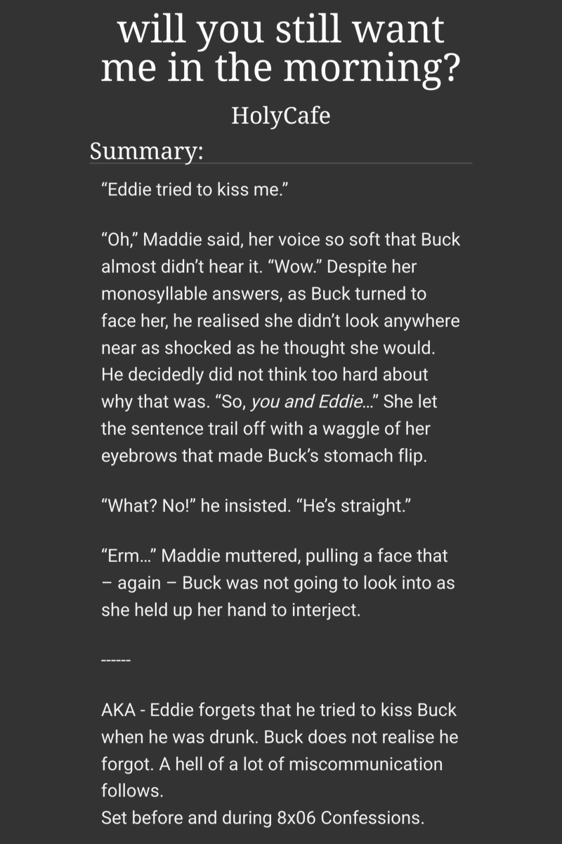 roundhouserobin's tweet photo. Buddie fic where Eddie forgets that he tried to kiss Buck
https://t.co/aB7CBcivCM https://t.co/q54XOWLkkg