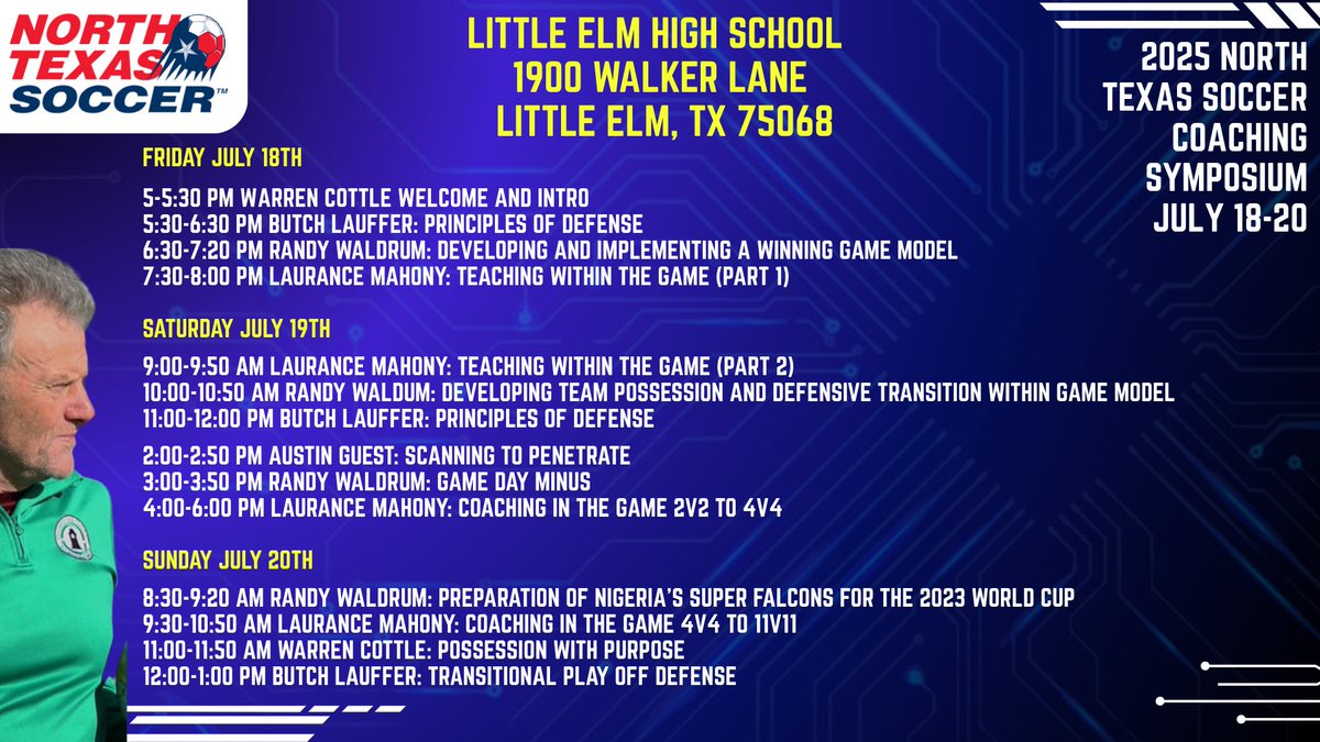 North Texas Soccer (@ntxsoccer_) on Twitter photo North Texas Coaching Symposiumโkicking off TONIGHT at 5PM in Little Elm!
๐๏ธ July 18โ20 | ๐ต $125
๐ค Top presenters
๐ PD Certificate included
๐ฏ Field + Classroom sessions
๐ Capped at 80
๐ loom.ly/uIbLHww
<a href="/USYouthSoccer/">US Youth Soccer</a> <a href="/UnitedCoaches/">United Soccer Coaches</a> <a href="/ussoccer_coach/">U.S. Soccer Coaching Education</a> <a href="/tascosoccer/">TASCO</a> North Texas Coaching Symposiumโkicking off TONIGHT at 5PM in Little Elm!
๐๏ธ July 18โ20 | ๐ต $125
๐ค Top presenters
๐ PD Certificate included
๐ฏ Field + Classroom sessions
๐ Capped at 80
๐ loom.ly/uIbLHww
<a href="/USYouthSoccer/">US Youth Soccer</a> <a href="/UnitedCoaches/">United Soccer Coaches</a> <a href="/ussoccer_coach/">U.S. Soccer Coaching Education</a> <a href="/tascosoccer/">TASCO</a>